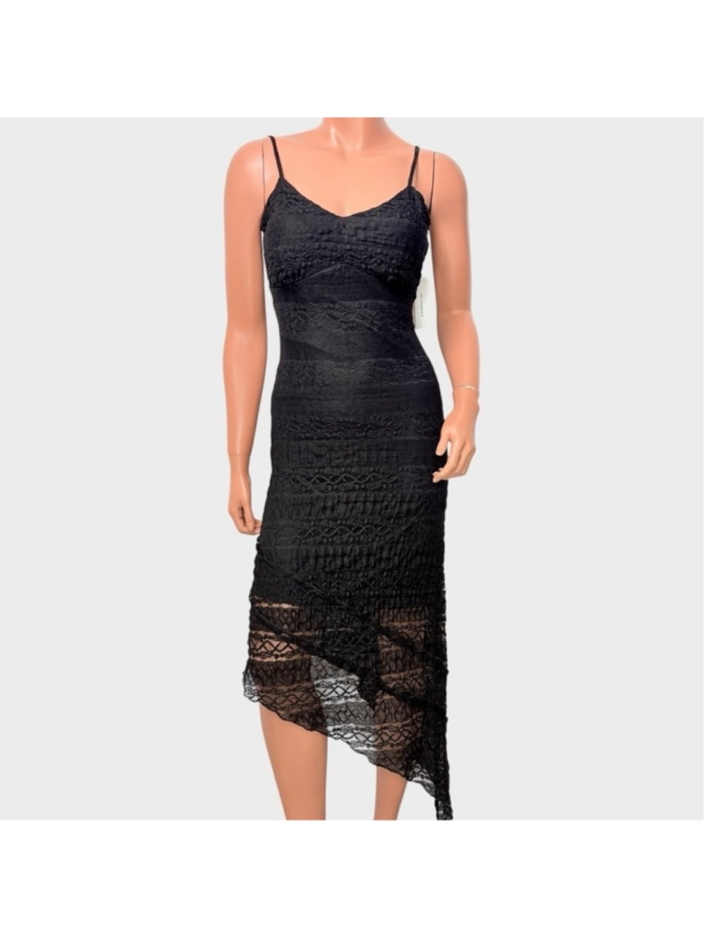 90s Deadstock Black Lace Mesh Midi Dress Asymmetrical Hanky Hem M Fairy Grunge - Picture 8 of 13